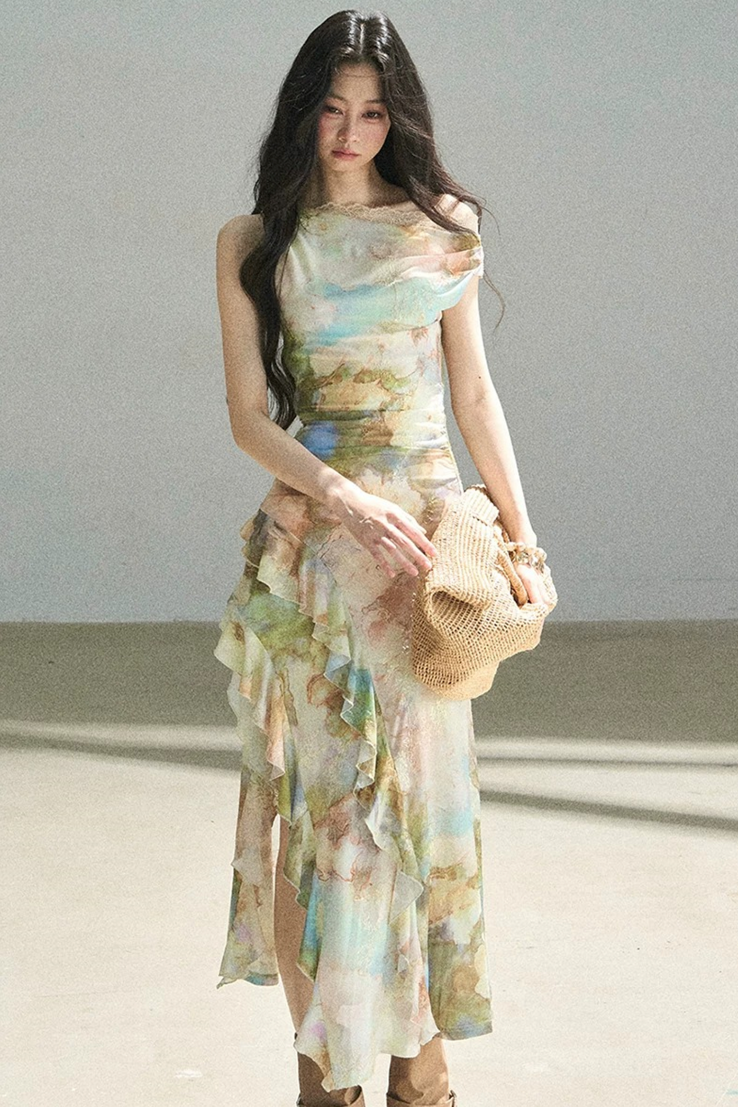 Französisches schulterfreies Kleid im Ölgemälde-Stil