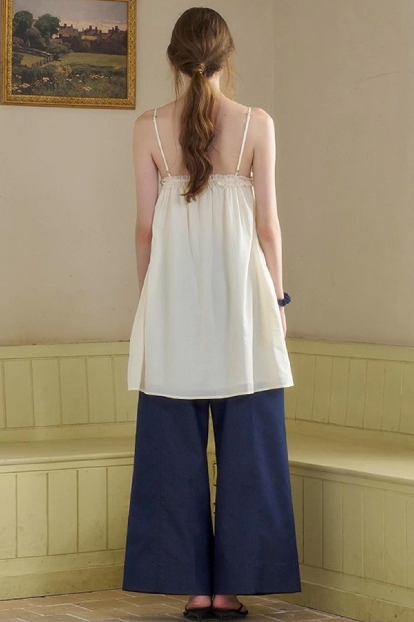 Cow Blue Pleated Denim Wide-Leg Pants Set-Up