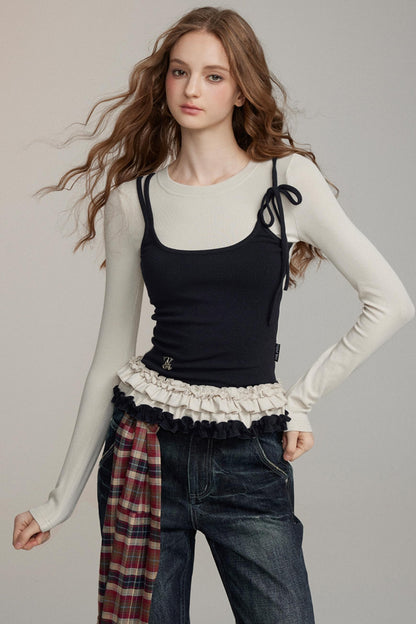 Fake Two Lace Vest Long-Sleeve T-Shirt