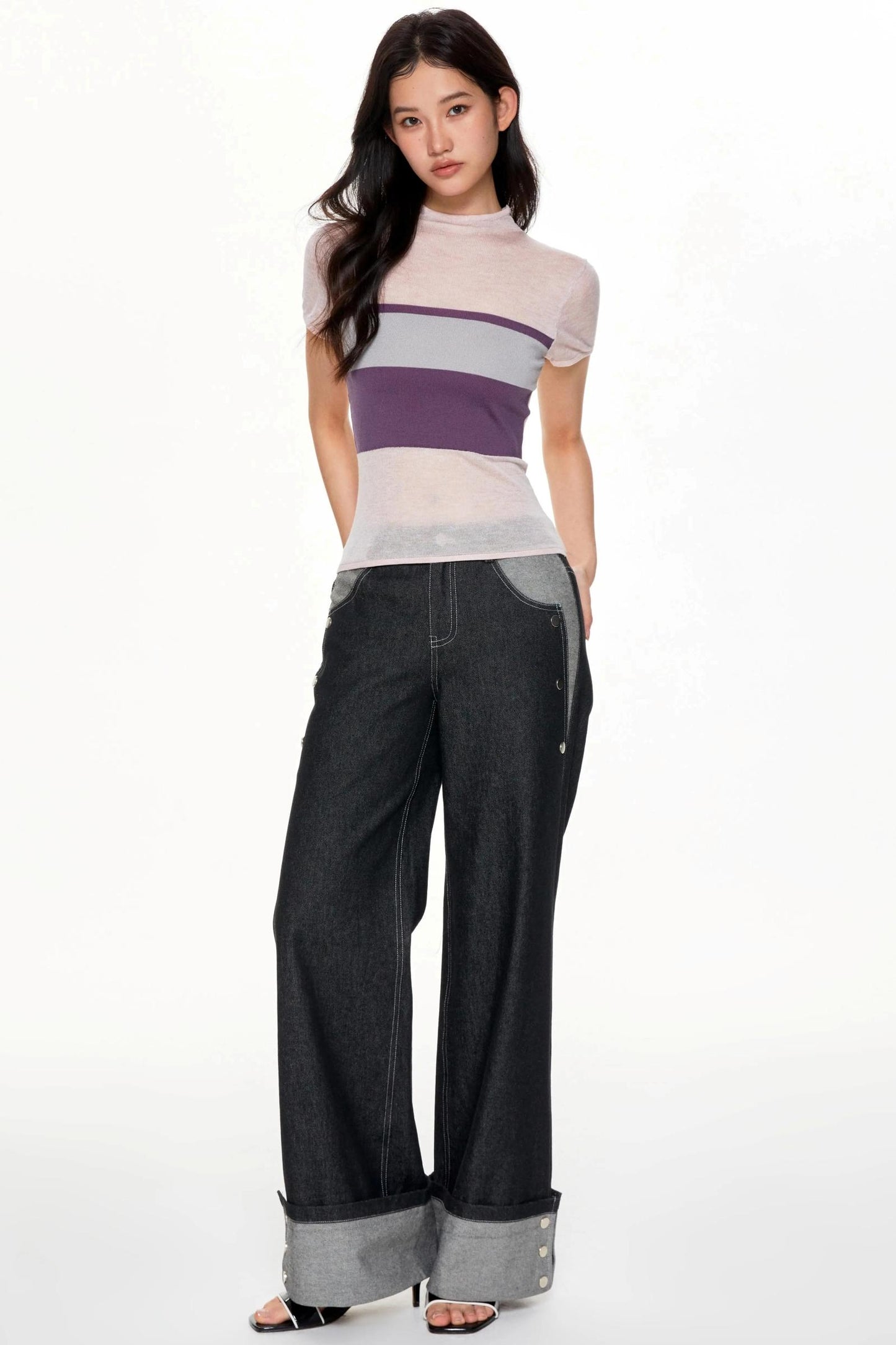 Color Collision High Neck Slim Top