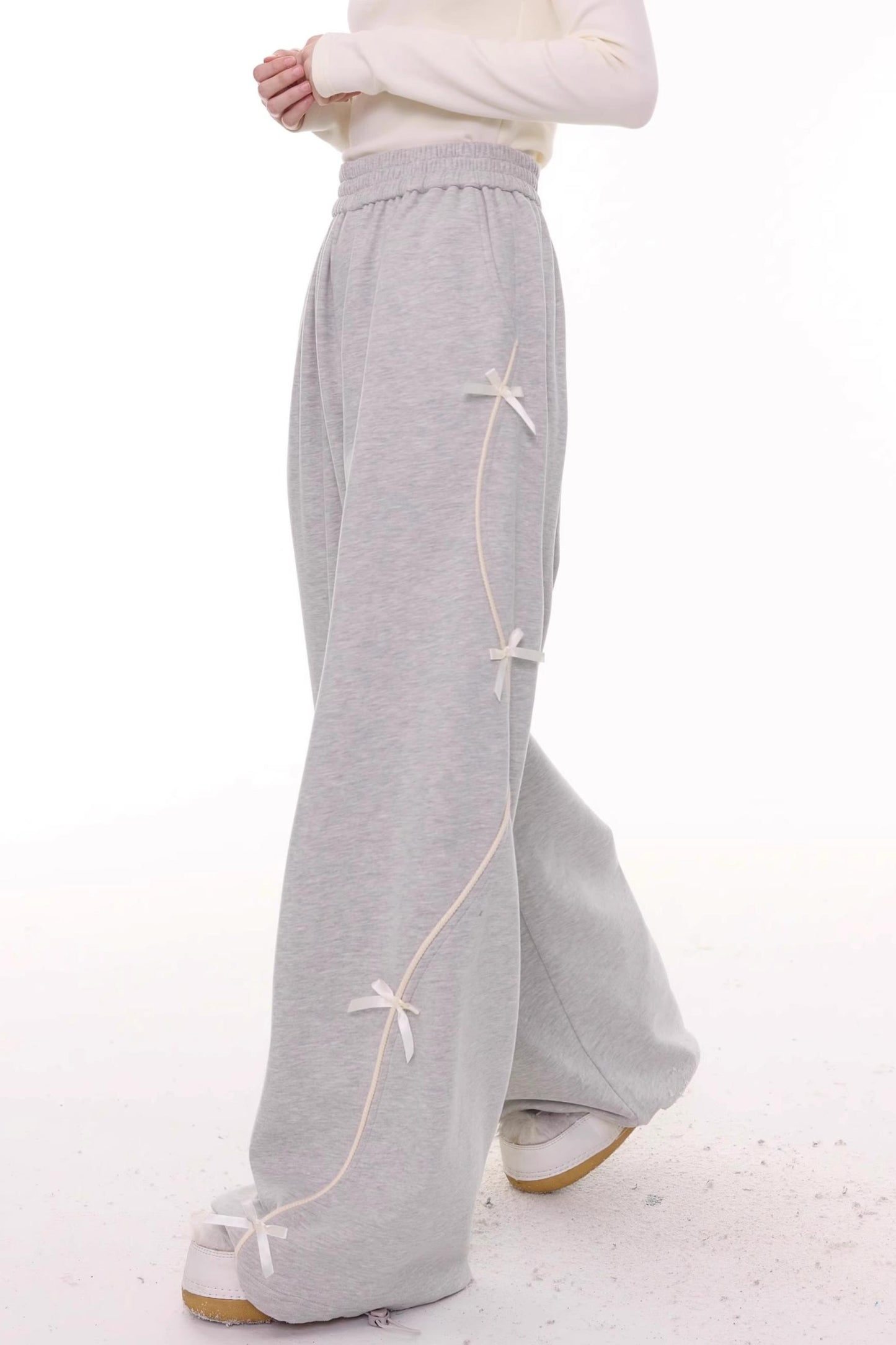 Gray Bow Wide-Leg Sweatpants