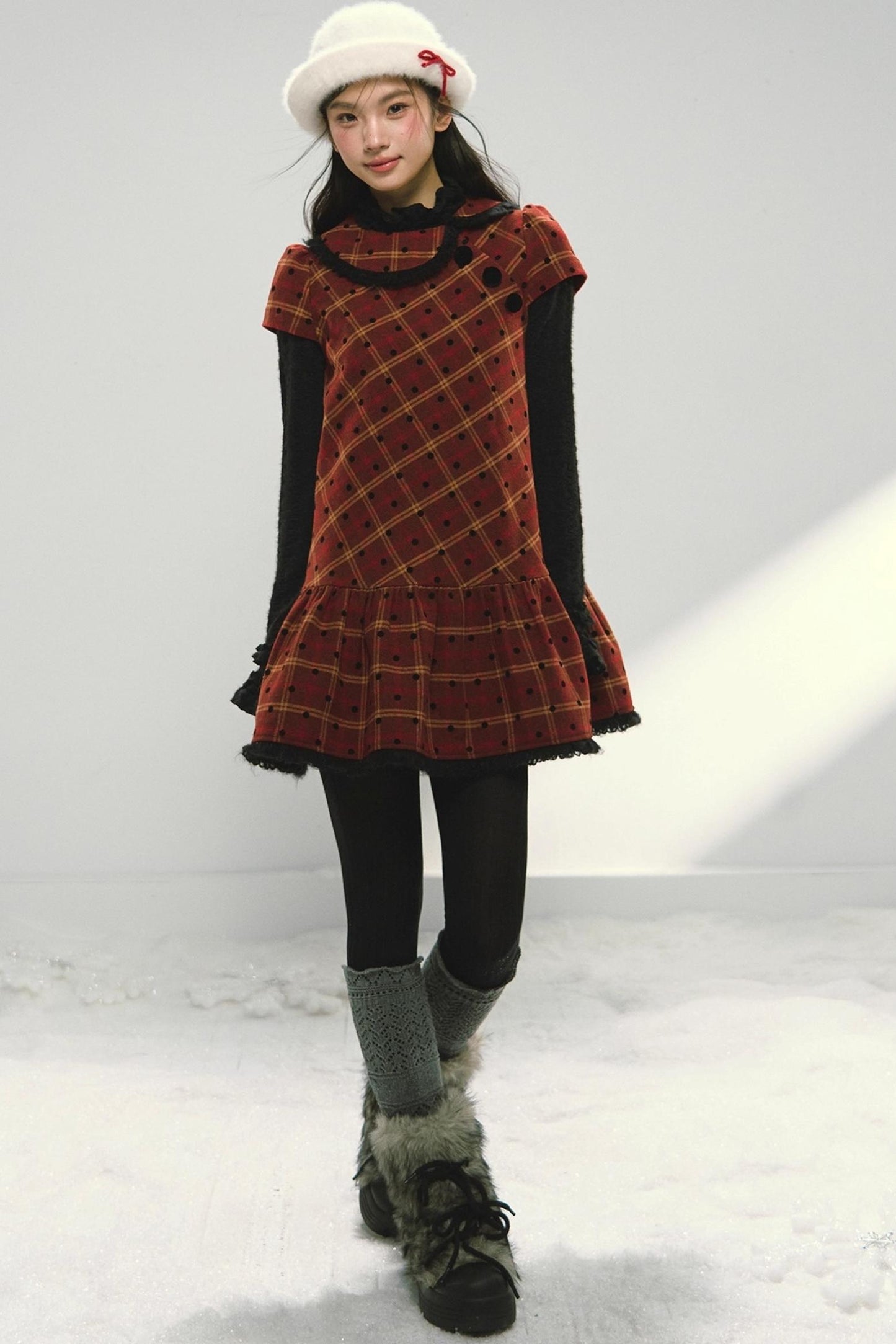 Christmas Doll Collar Tweed Dress Set-Up