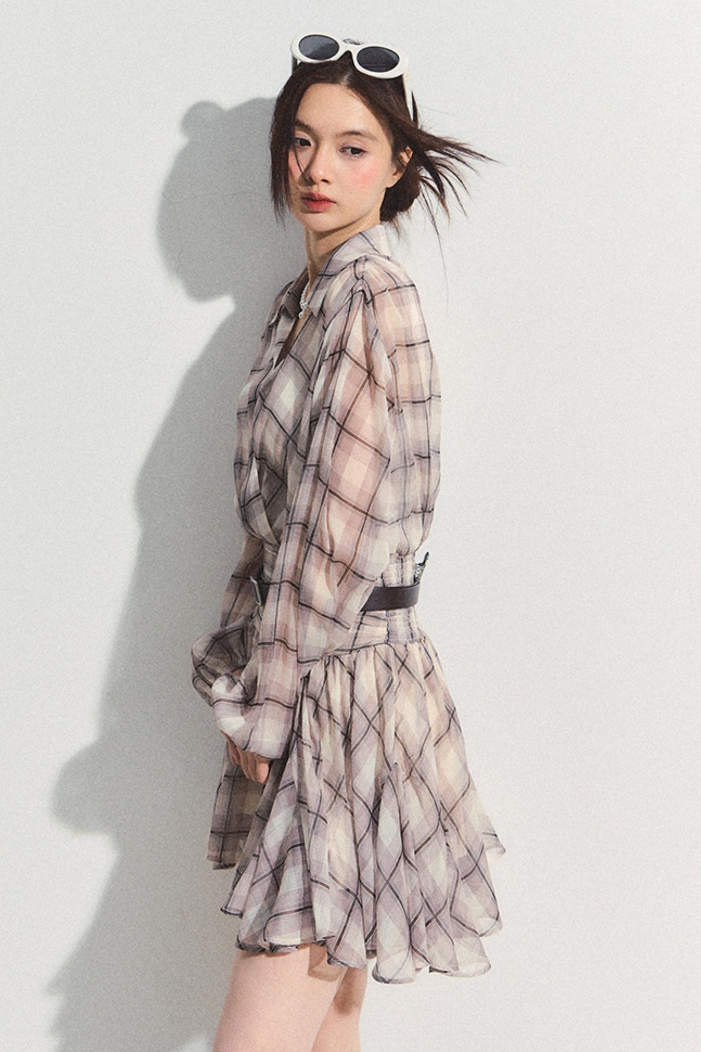 Recoin Sheer Plaid Ruffle A-Line Dress