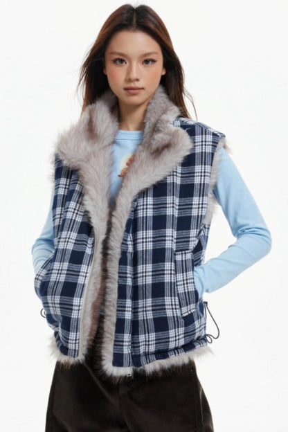 Plaid Lined Fur Vest Reversible Jacket