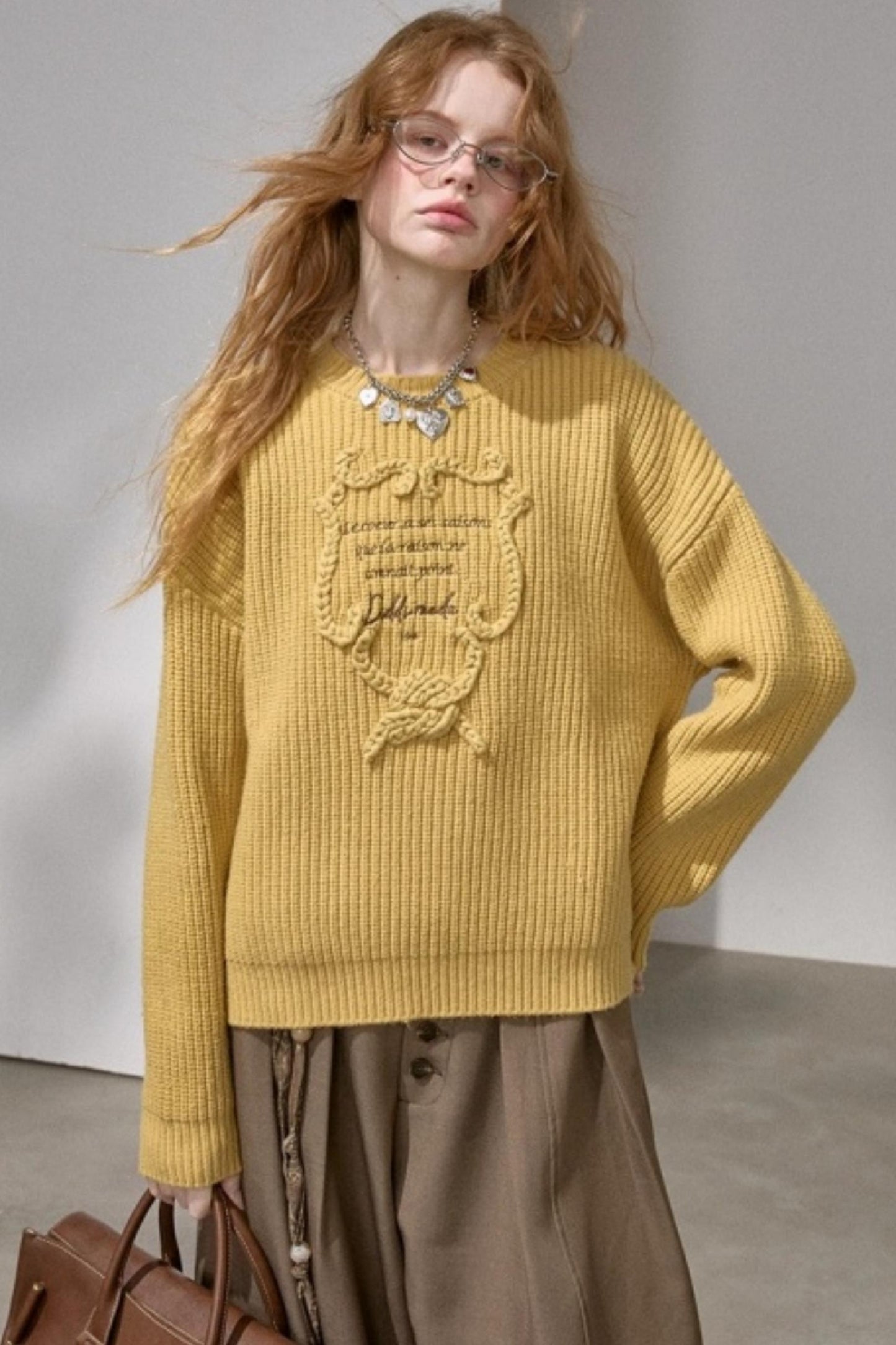 Ribbon Embroidery Crew Neck Sweater