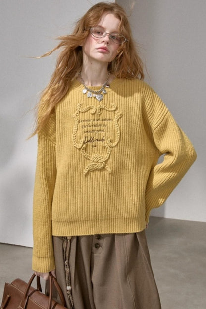 Ribbon Embroidery Crew Neck Sweater