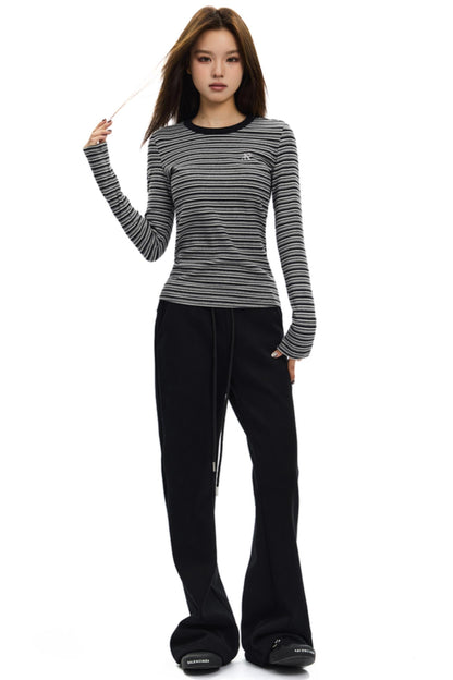 Brushed Crewneck Striped Long-Sleeve Top