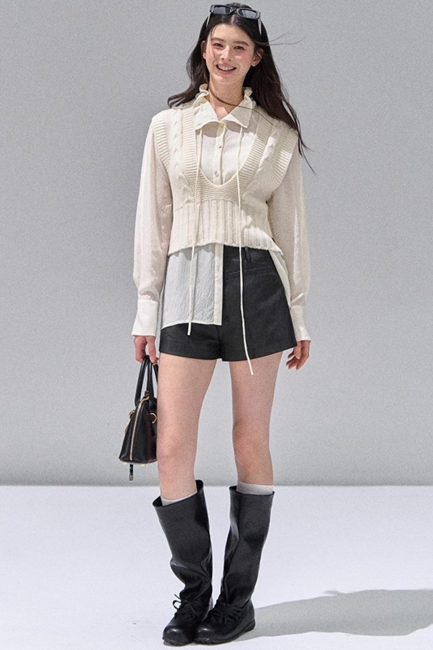 Fungus Edge Collar Drawstring Lace-up Shirt