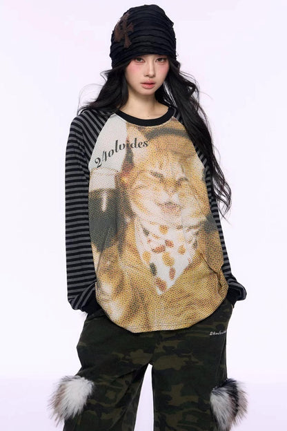 Cat Print Raglan Knit Top