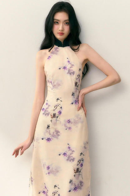 Pastel Lotus Neck-Tie Oriental Dress