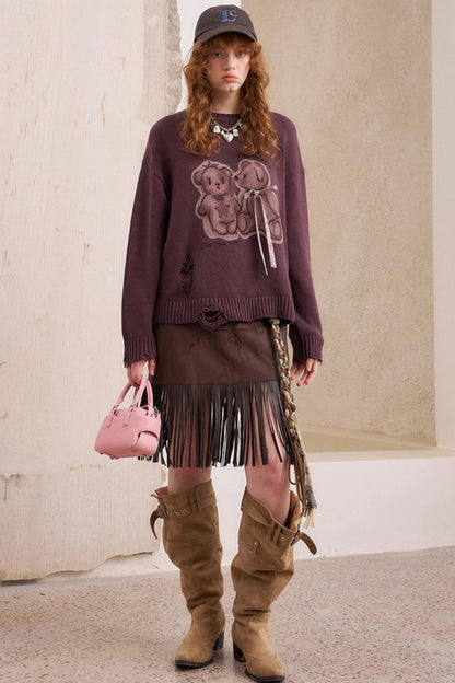 Kiss Bear Print Long Sleeve Sweater