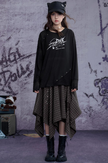 Fighting Spirit Street Brown Plaid Long Skirt