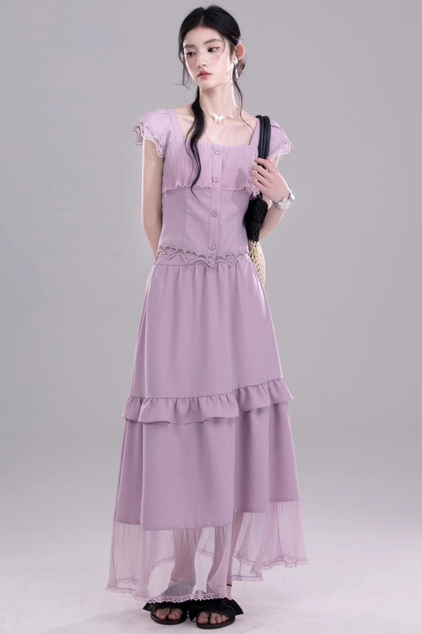 Purple Lace A-Line Skirt Top Set