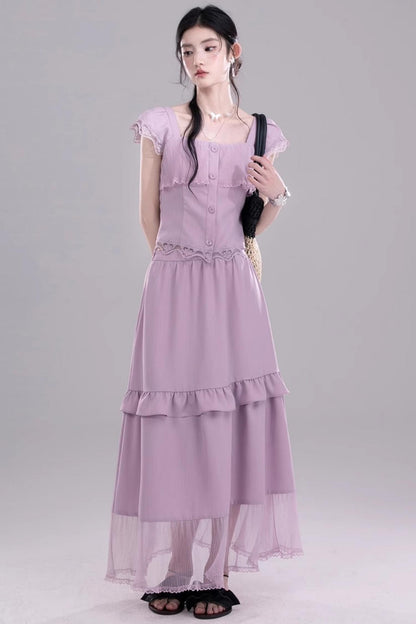 Purple Lace A-Line Skirt Top Set