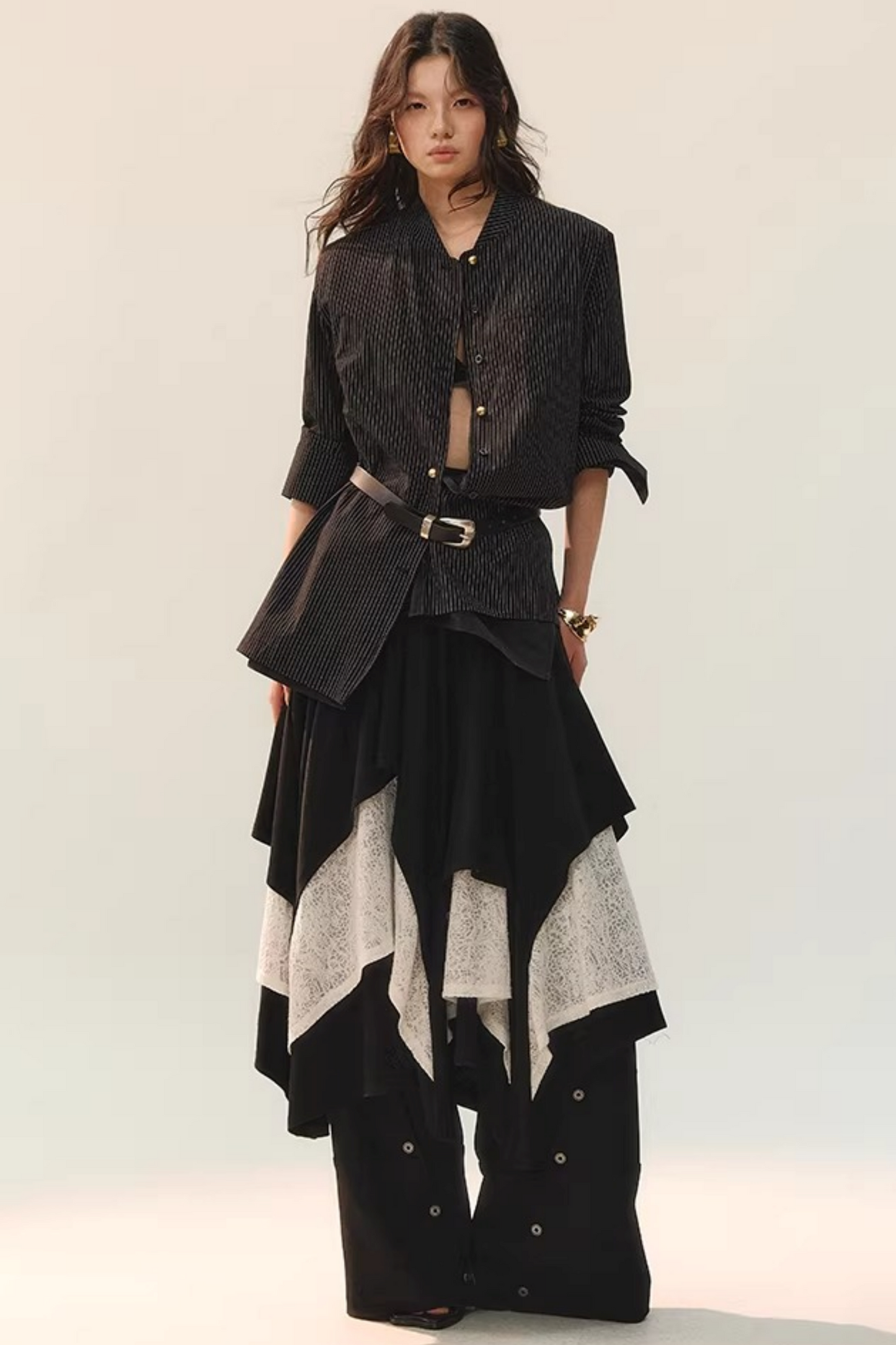 컬러 블록 더블 칼라 블라우스