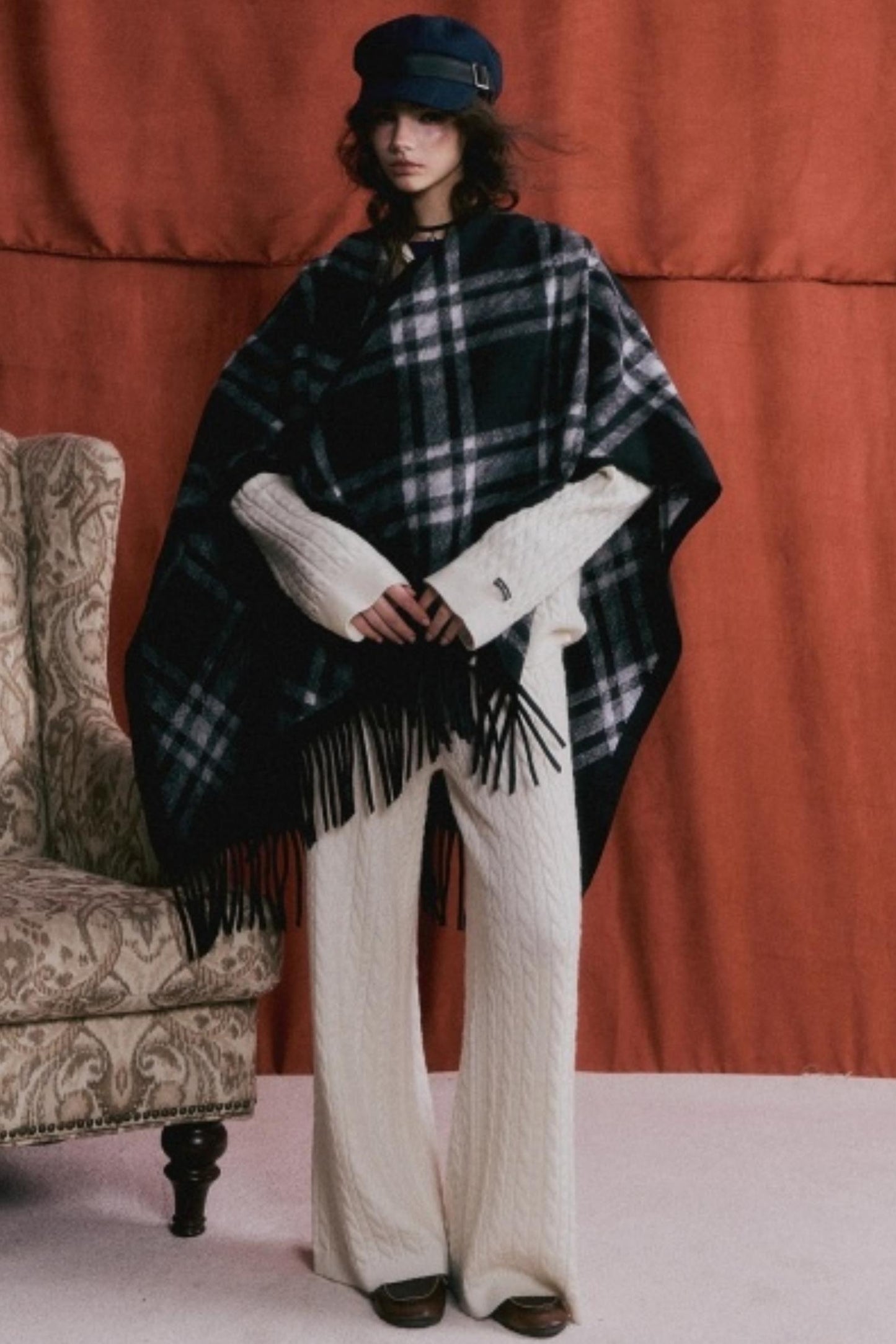 Retro Plaid Tassel Cape Shawl