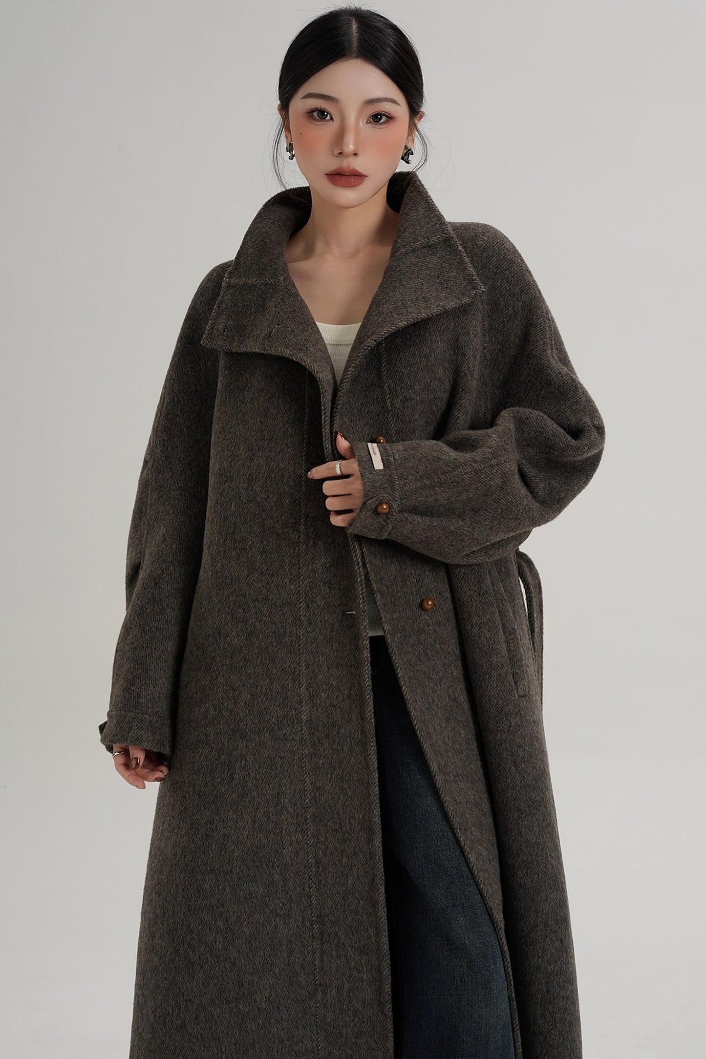 Elegant High-Neck Long Wool Coat