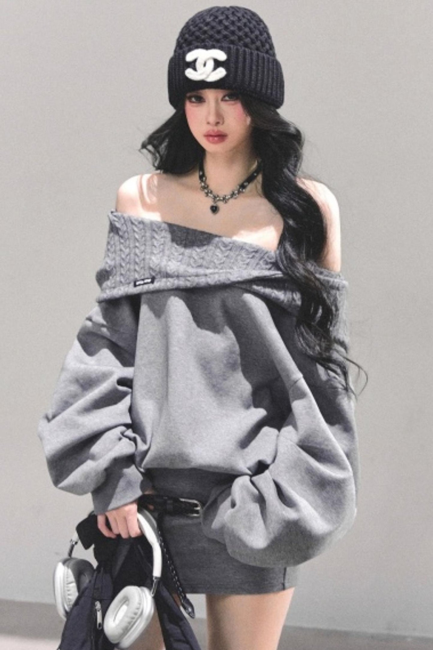 One Shoulder Grayscale Sweatshirt Dress