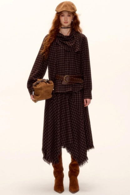 Frayed Hem Plaid Midi Skirt Belt Set