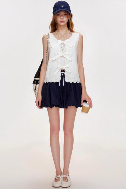 Romantic Wavy Edge Embroidery Strappy Vest Set-Up