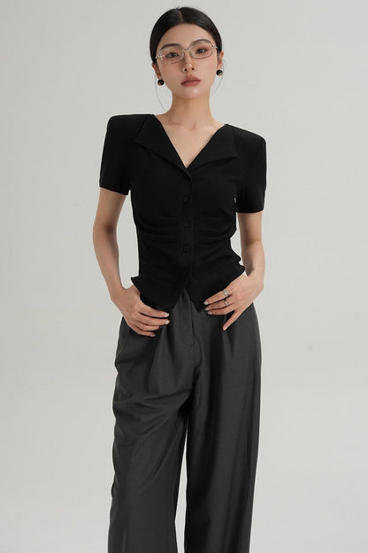 Pleated V-Neck Blouse