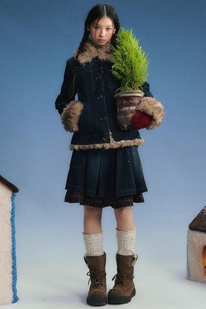 Detachable Fur Collar Denim Jacket Set-Up