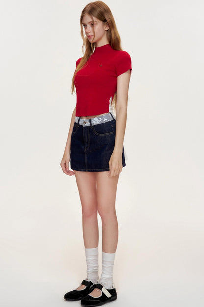 French Lace-panel A-line Denim Skirt