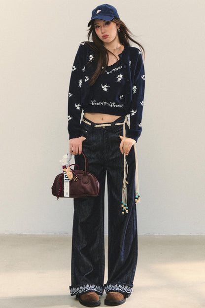 Embroidered Straight-Leg Pants