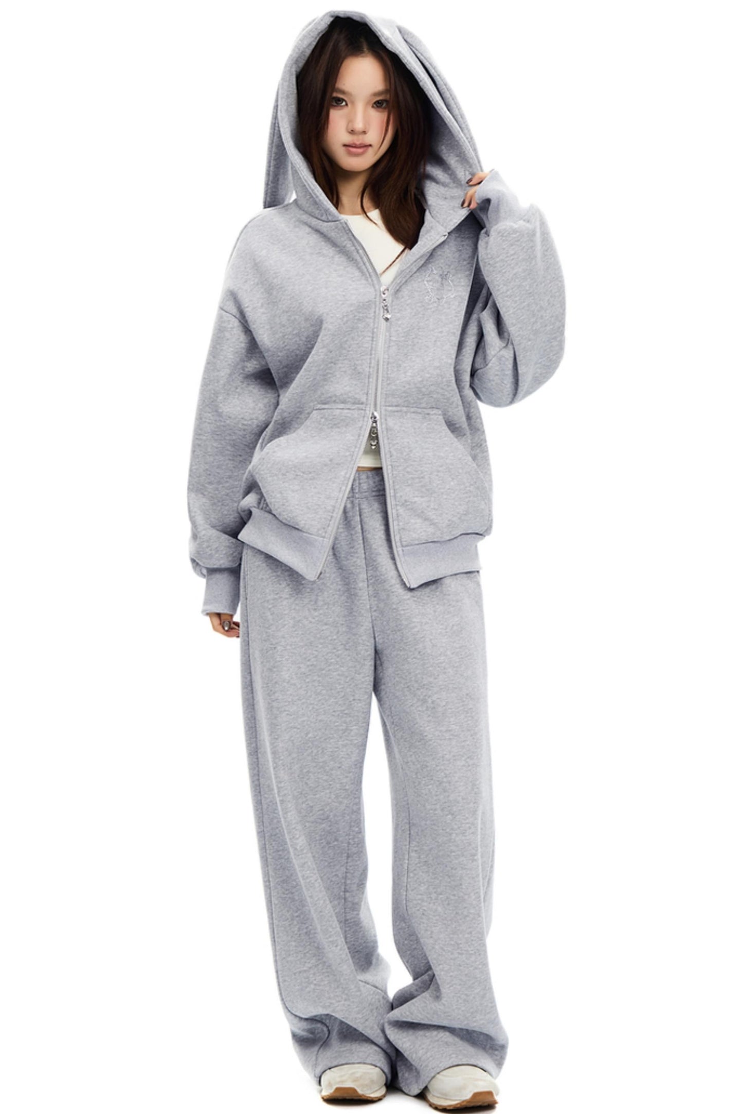 Bunny Ears Hooded Cardigan & Wide Pants Set-Up