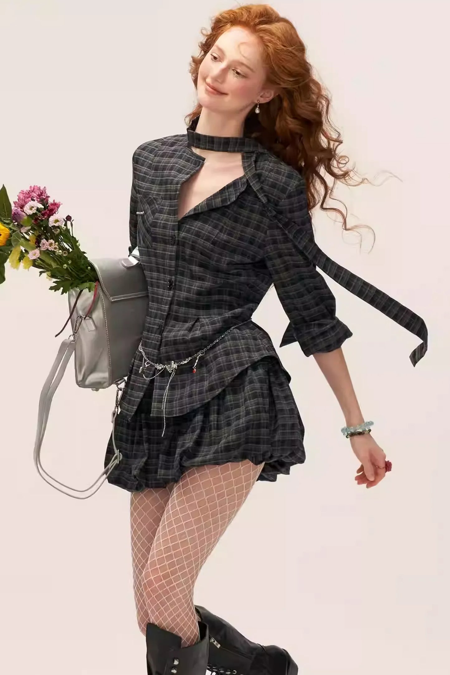 Plaid Lace-Up Blouse Set-Up