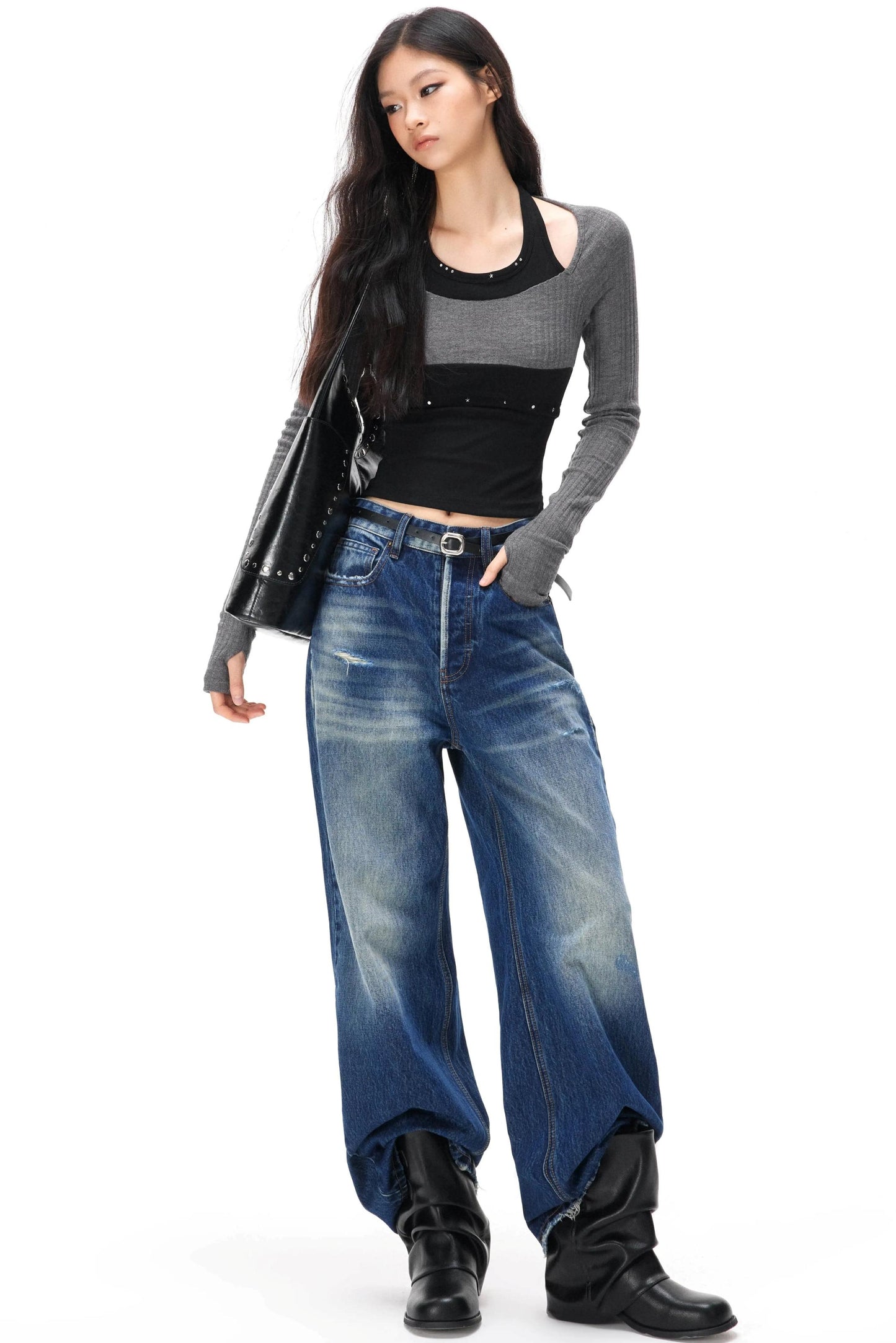 Rhinestone Patchwork Knit Top