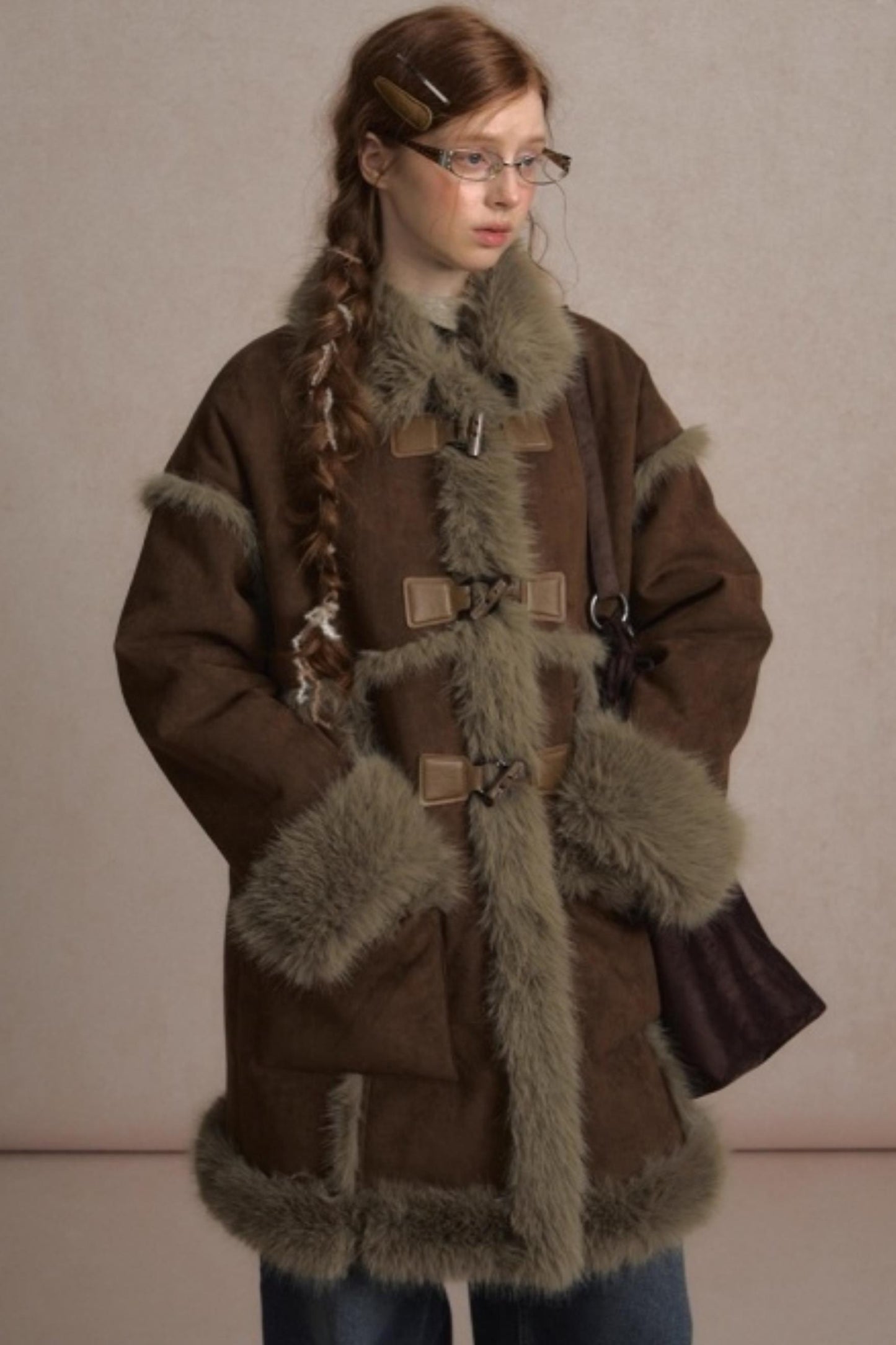 Integrated Fur Collar Horn Button Jacket