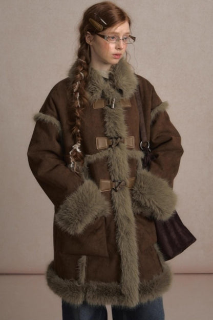 Integrated Fur Collar Horn Button Jacket