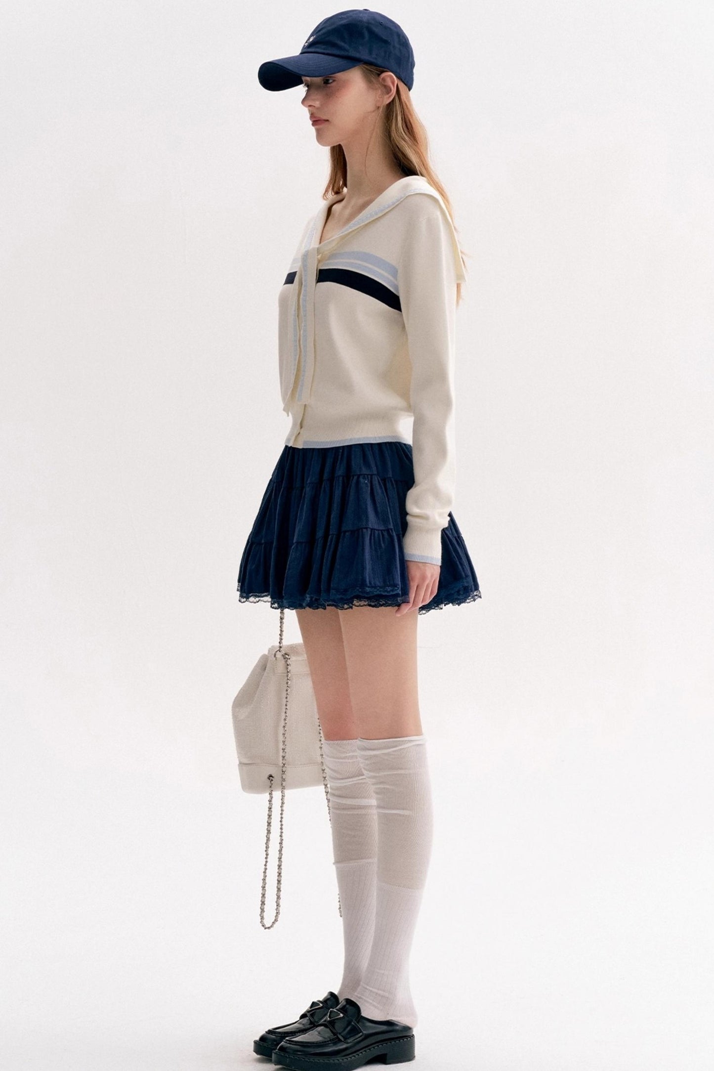 Navy Tie Shawl Contrast Sweater