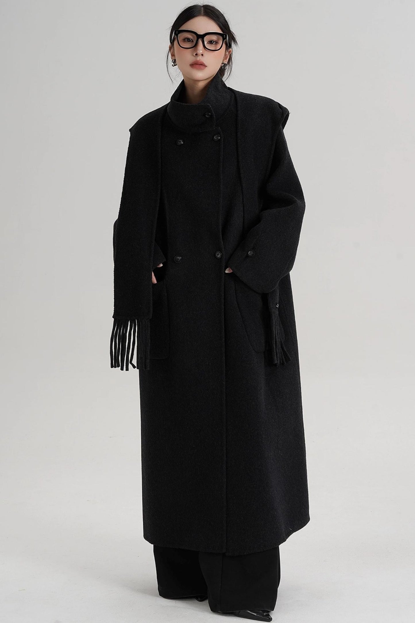 Temperament Hooded Scarf Wool Coat