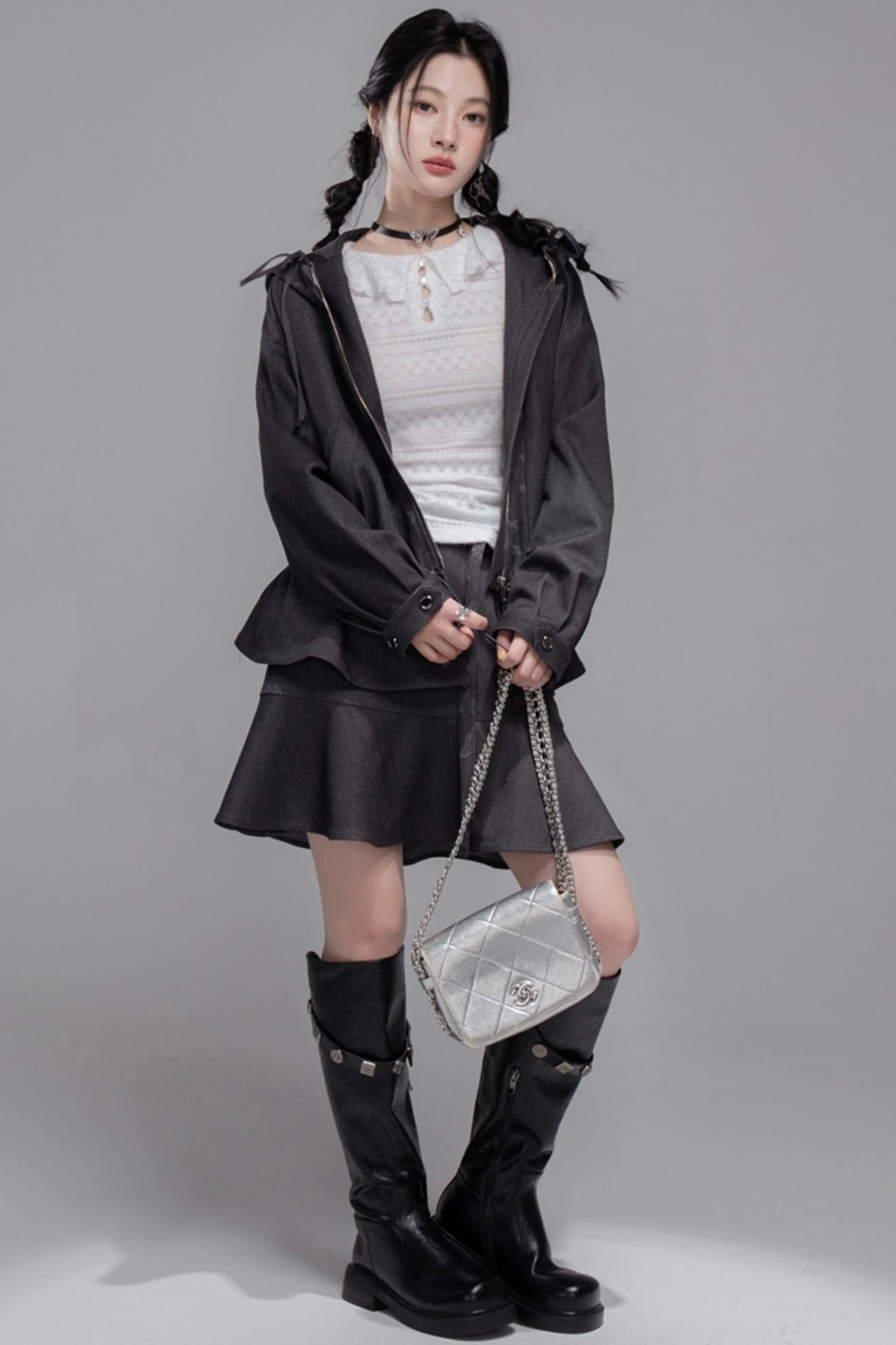 Morning Gray Hooded Jacket & Skirt Set