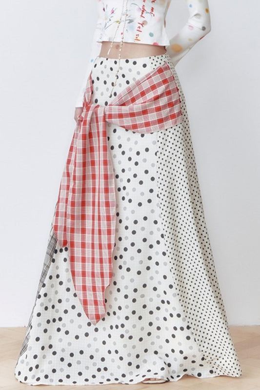 Vintage Cute Polka Dot Stitched Plaid Lazy Resort Skirt
