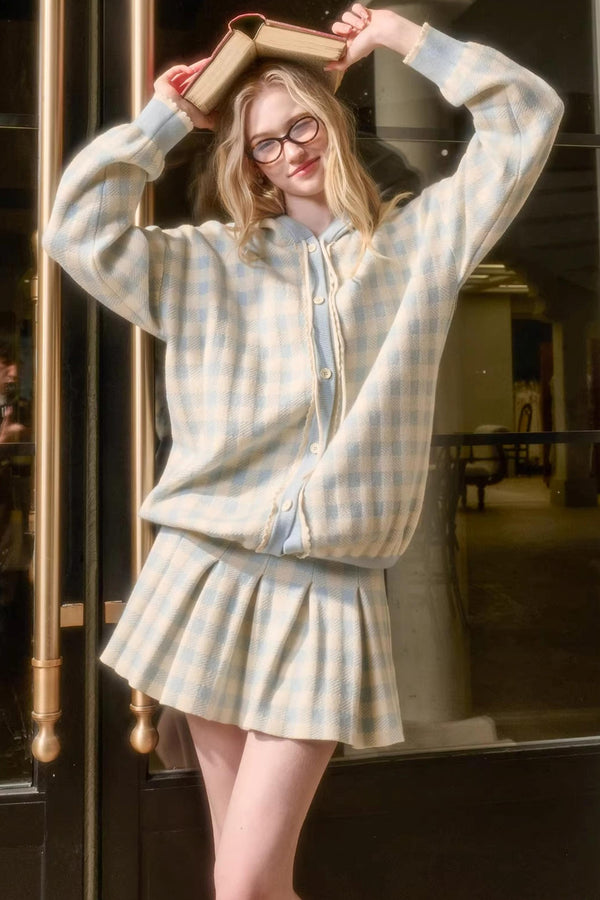 Comfortable Blue Plaid Pleated Jacket Set-Up