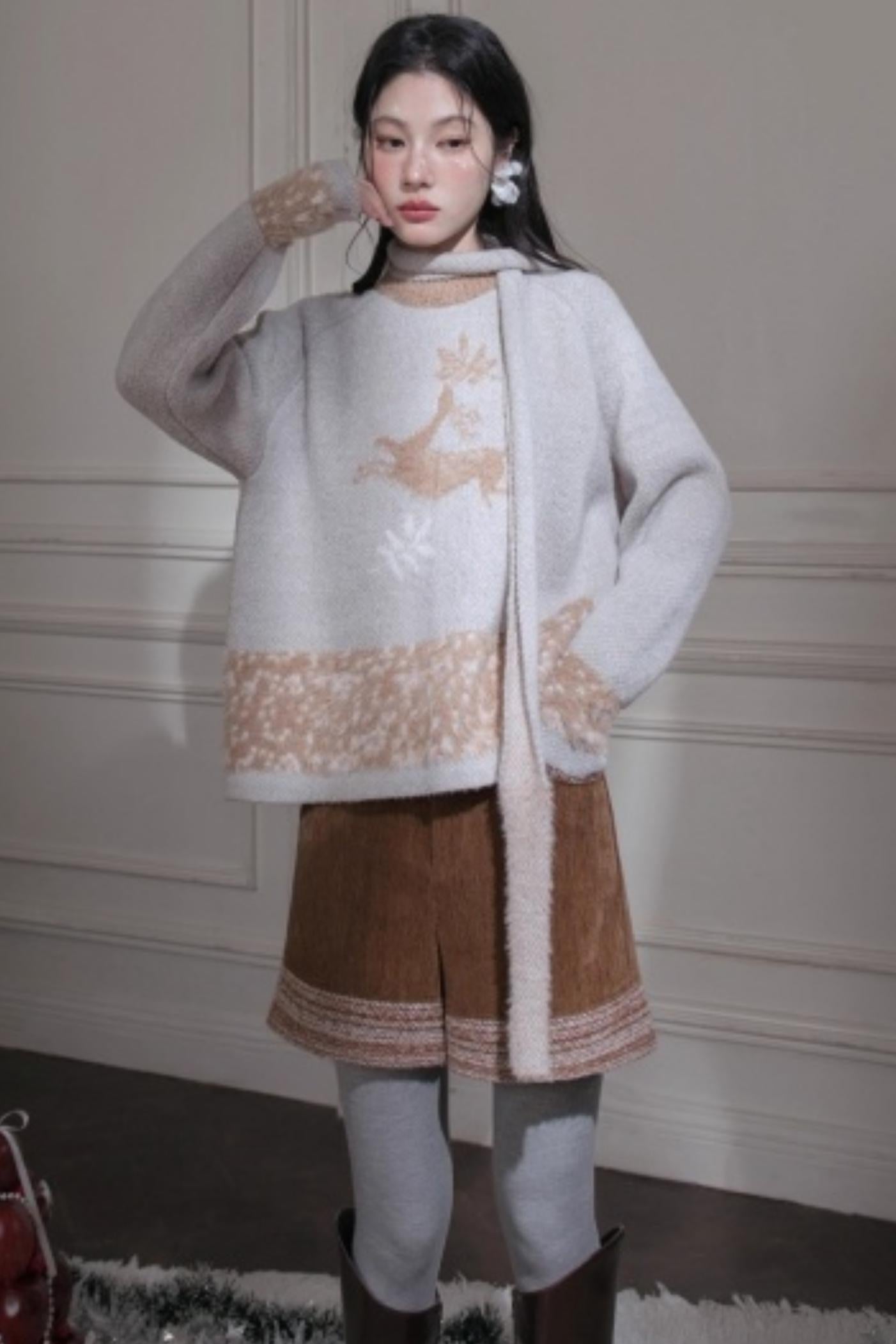 Snow Deer Faux Mink Sweater Scarf Set