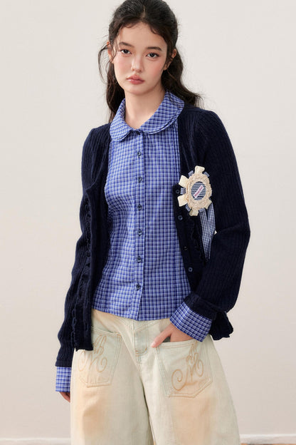 Layered Plaid Knit Patchwork Shirt