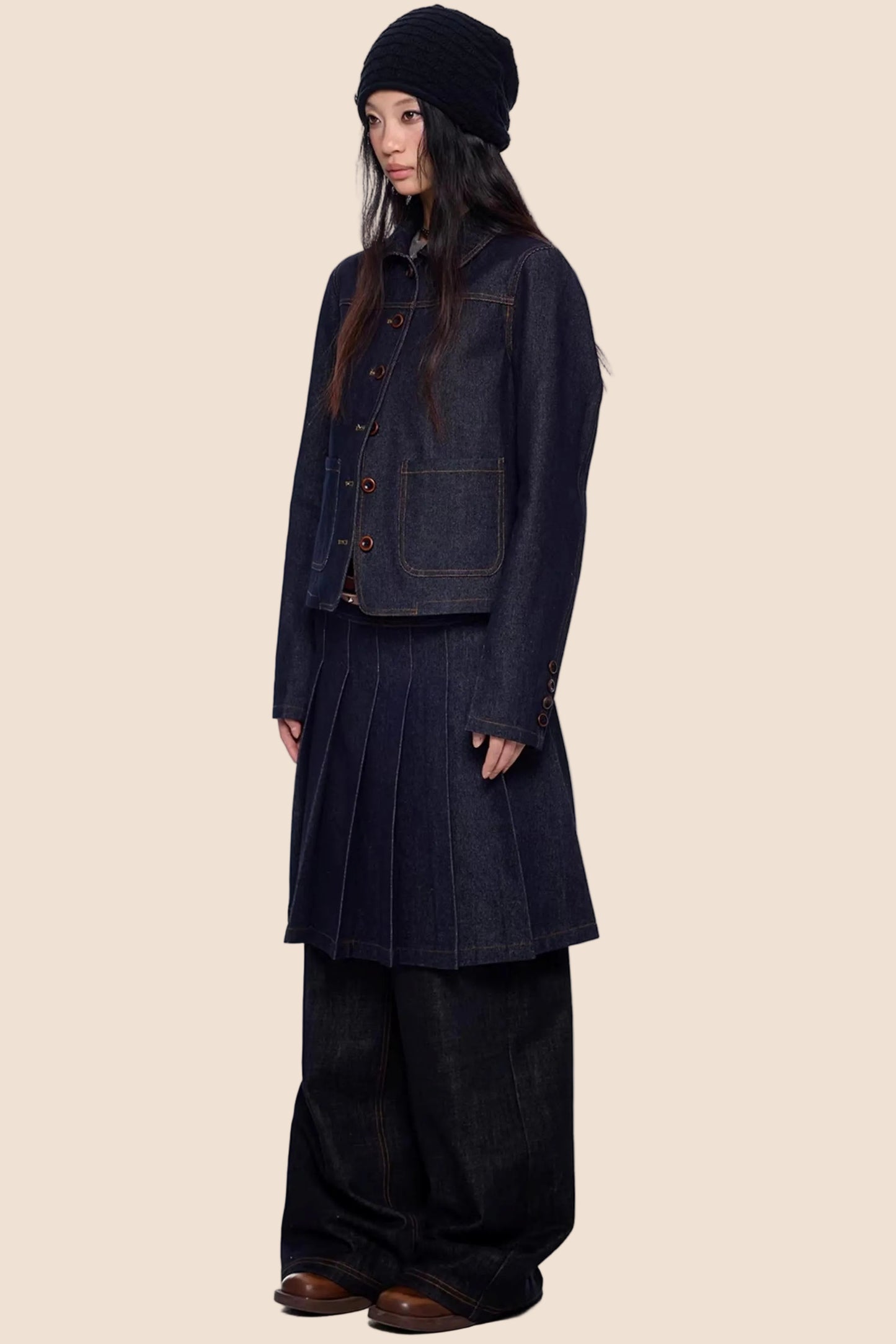 Retro Denim Faltenrock Anzug Set