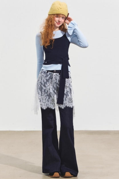 Fake Two Contrasting Tie-Up Sweater