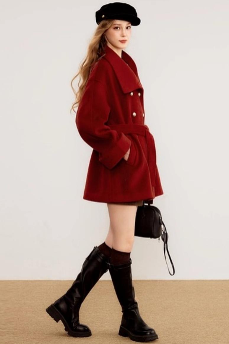 Red Woolen Waist-Cinching Coat