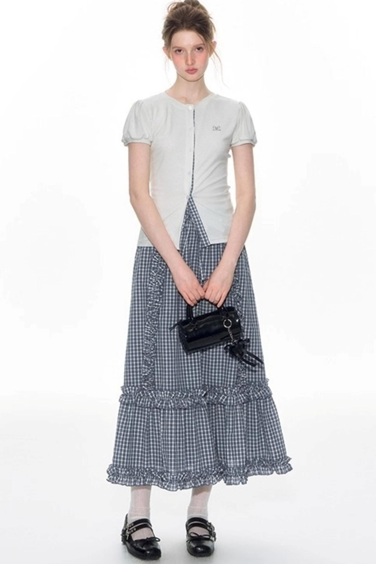 Original Slim Short Sleeve  Plaid Panelled Skirt Set-Up