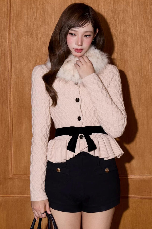 Fur Collar Knitted Cardigan Set