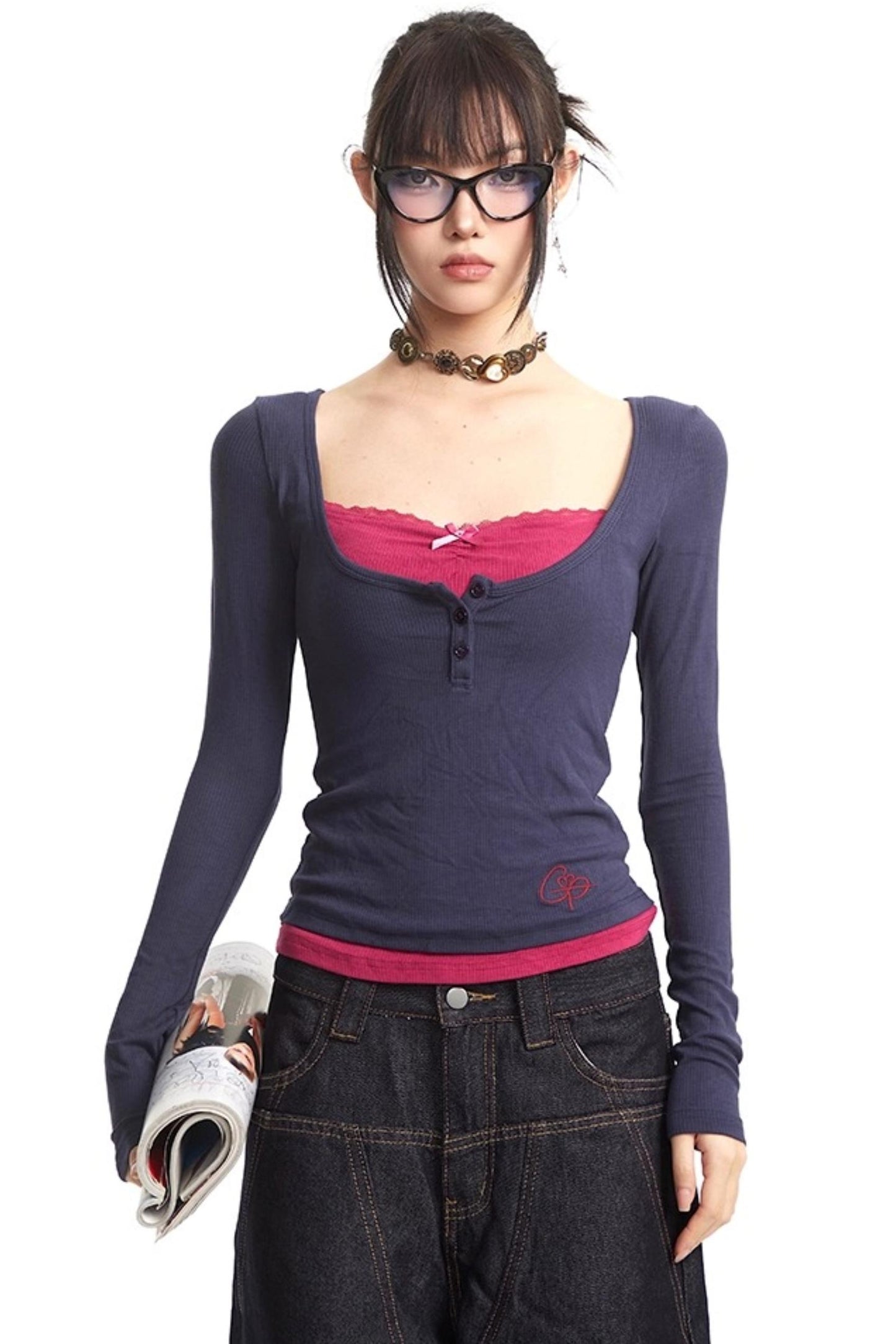 Slim Fit Fake Two-Piece Long Top