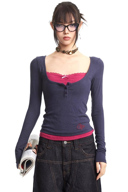 Slim Fit Fake Two-Piece Long Top