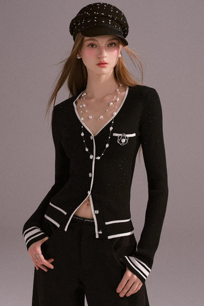 Hot Girl Contrast Knit Cardigan Suit Set-Up