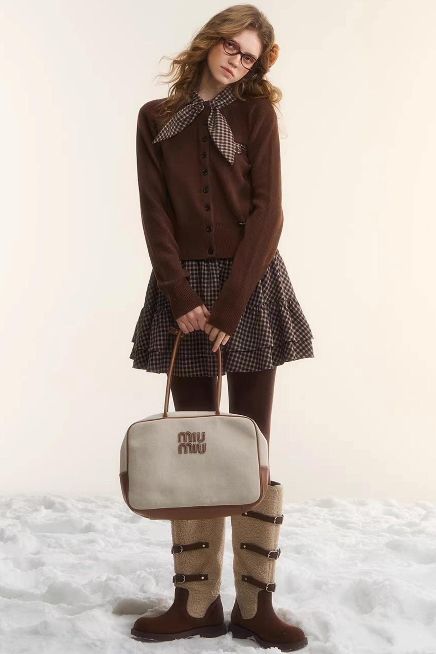 Plaid Melard Knit Top Skirt Set-Up