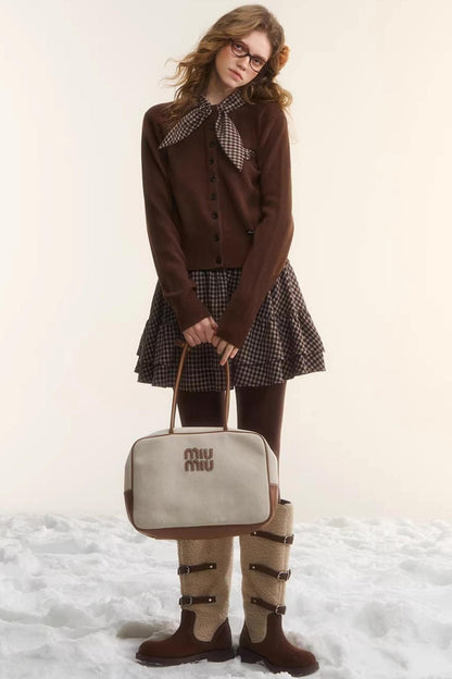 Plaid Melard Knit Top Skirt Set-Up